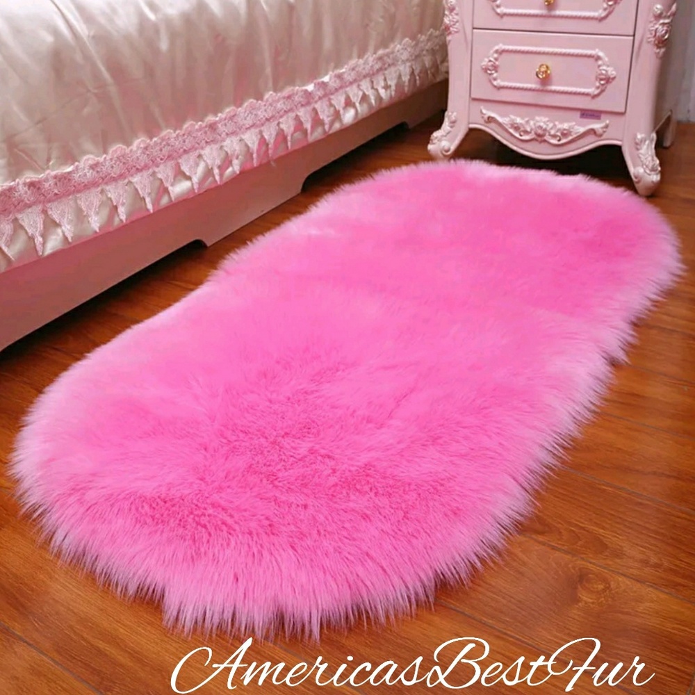Faux Fur Hot Pink Luxury Oval Shape Area Rug 2'x4'